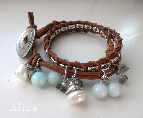 Braided leather bracelet with amazonite, glass and freshwater pearls